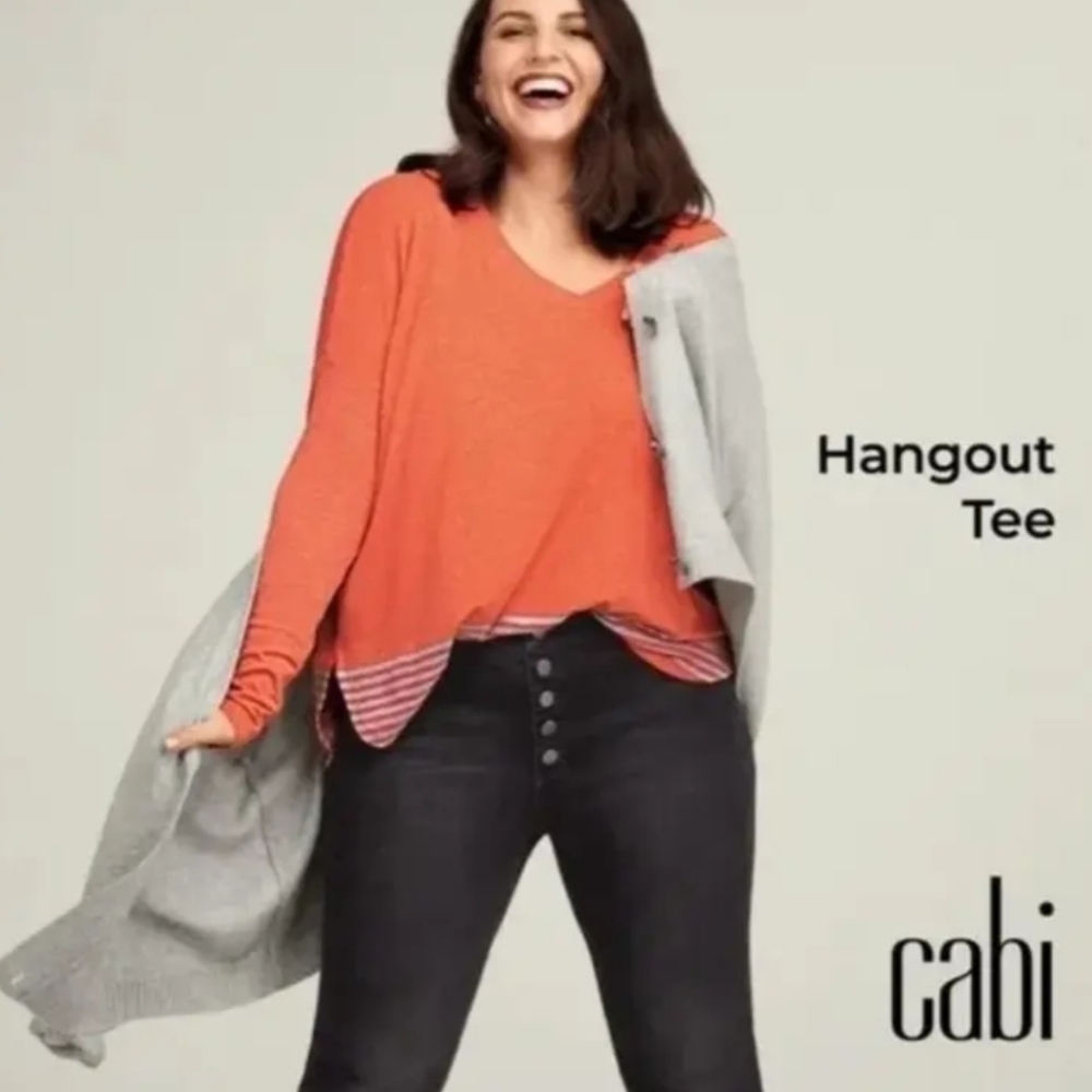 Cabi Hangout Tee Heathered Orange With Gray Striped Hem Relaxed Fit Medium